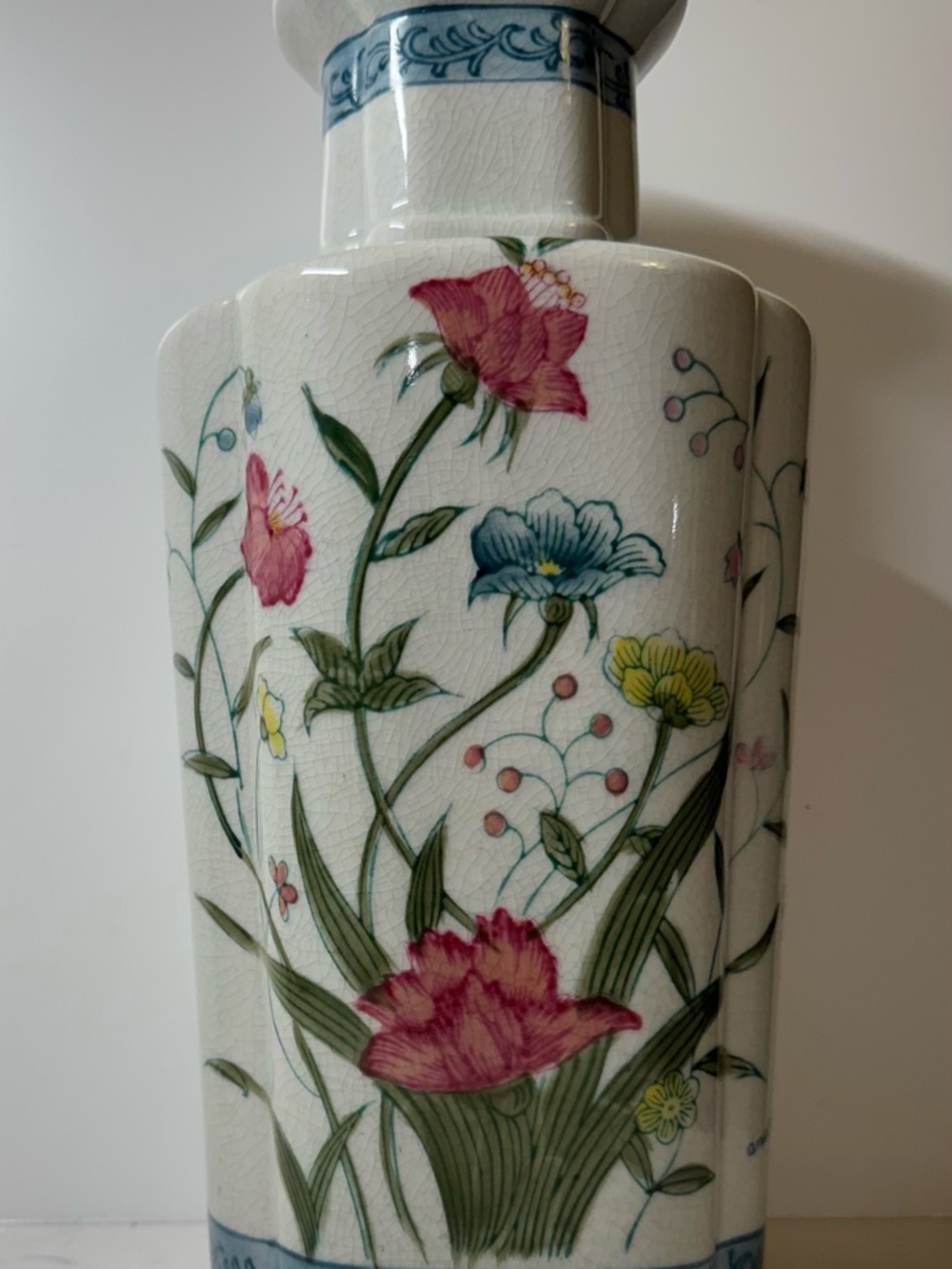 Vintage Floral Porcelain Vase in White with Pink, Blue, and Yellow Accents